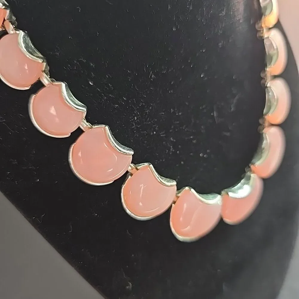 Vintage Pink Lucite Panel Necklace Silver Tone Mid Century Statement approx 13